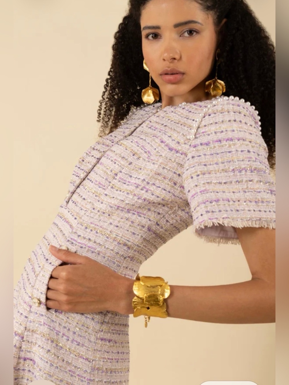 Hale Bob Maxine Bouclé Tweed Pearl Mini Dress Lavender S NWT $408